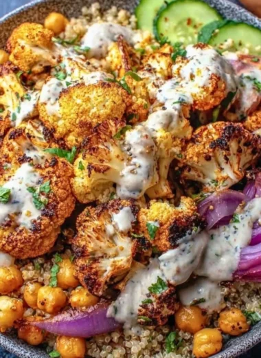 Delicious Cauliflower Shawarma Bowl topped with fresh vegetables and tahini sauce