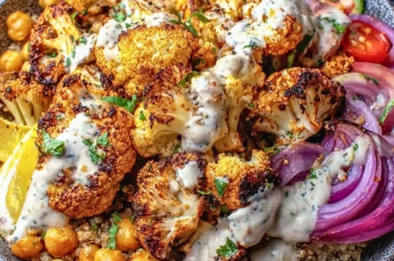 Delicious Cauliflower Shawarma Bowl topped with fresh vegetables and tahini sauce