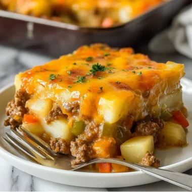 Cheesy Beef and Frozen Potato Casserole freshly baked in a dish
