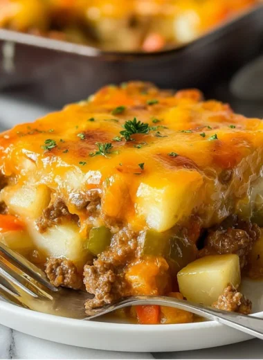 Cheesy Beef and Frozen Potato Casserole freshly baked in a dish