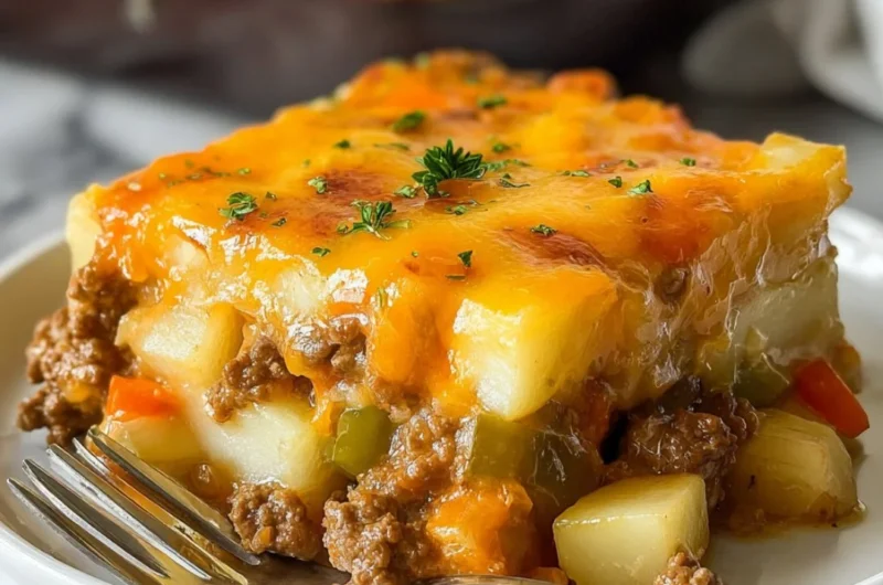 Cheesy Beef and Frozen Potato Casserole freshly baked in a dish