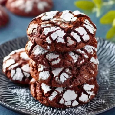 Chewy chocolate brownie crinkle cookies stacked on a plate