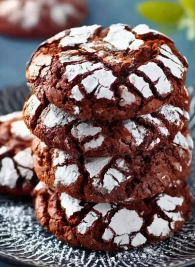 Chewy chocolate brownie crinkle cookies stacked on a plate