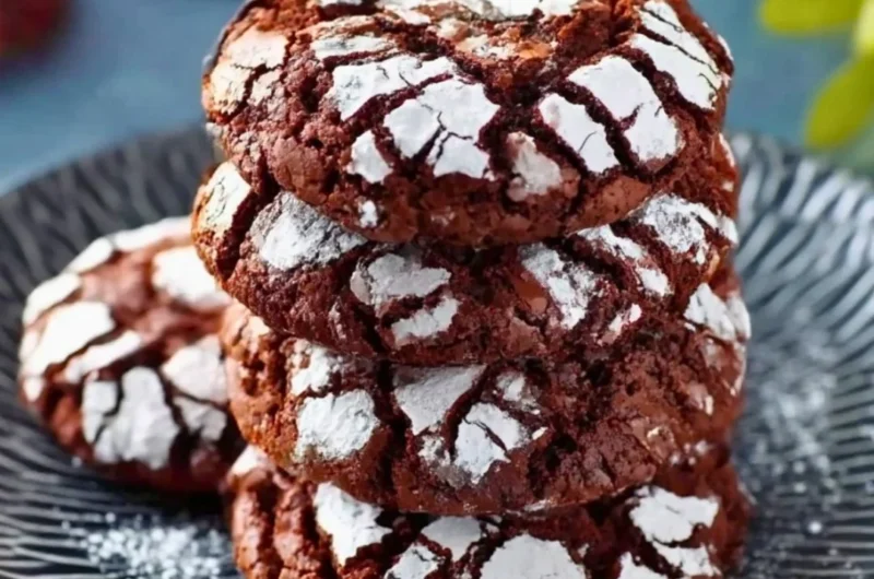 Chewy chocolate brownie crinkle cookies stacked on a plate