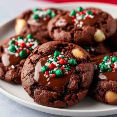 Chewy hot cocoa cookies with chocolate chunks and marshmallows on a cooling rack