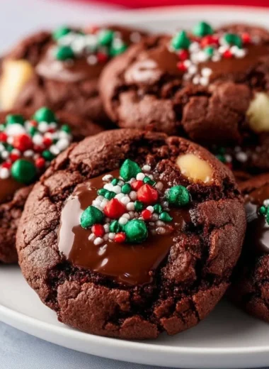 Chewy hot cocoa cookies with chocolate chunks and marshmallows on a cooling rack