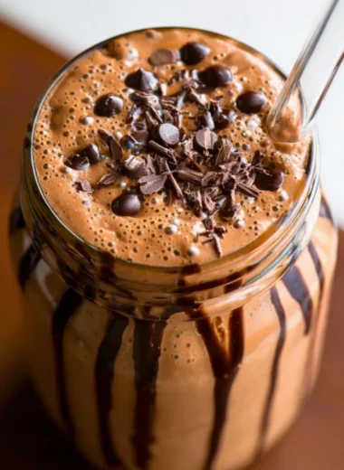 Chocolate protein shake with a rich, creamy texture in a glass