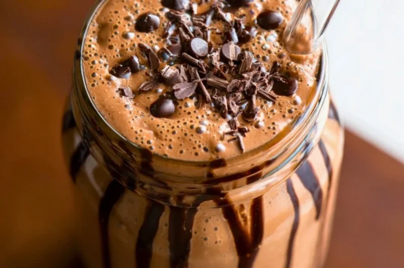 Chocolate protein shake with a rich, creamy texture in a glass