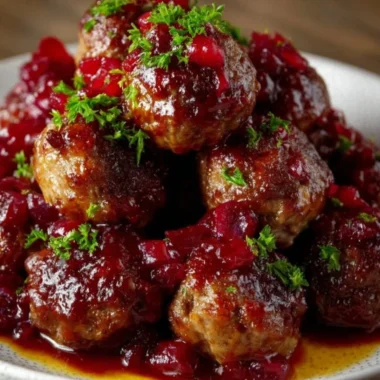 Delicious Christmas Cranberry Meatballs served on a festive platter