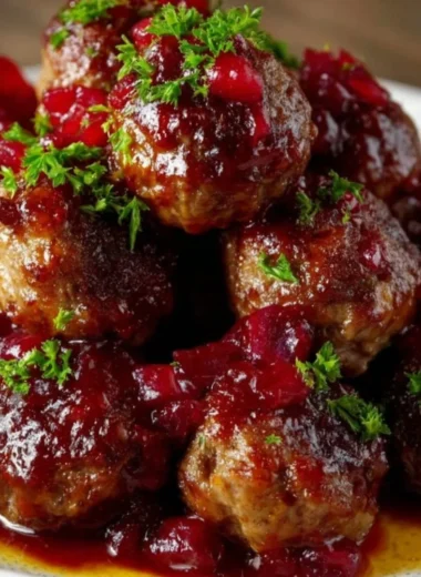 Delicious Christmas Cranberry Meatballs served on a festive platter