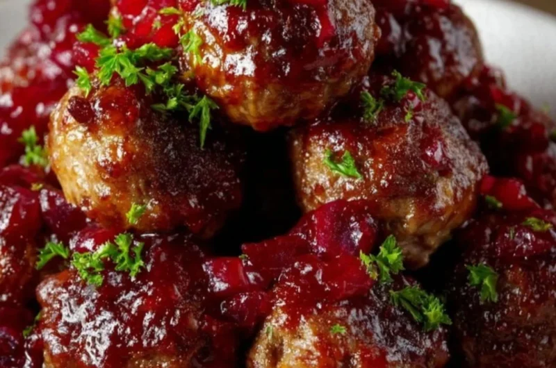 Delicious Christmas Cranberry Meatballs served on a festive platter