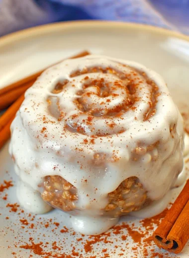 Delicious cinnamon roll baked oats topped with cream and cinnamon swirls.