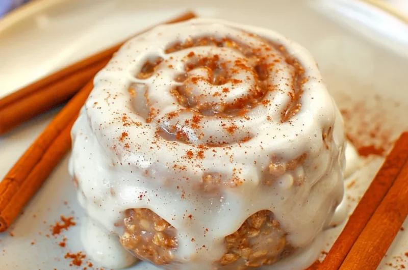 Delicious cinnamon roll baked oats topped with cream and cinnamon swirls.