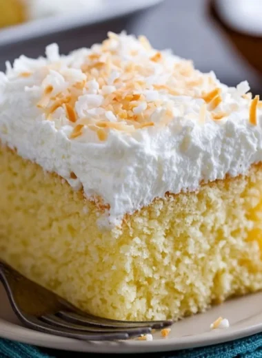 A delicious slice of Coconut Cloud Cake topped with coconut flakes and whipped cream
