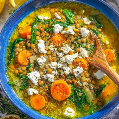 Bowl of cozy quick lemon lentil soup with canned lentils garnished with herbs