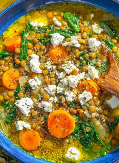 Bowl of cozy quick lemon lentil soup with canned lentils garnished with herbs