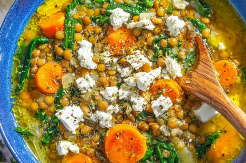 Bowl of cozy quick lemon lentil soup with canned lentils garnished with herbs