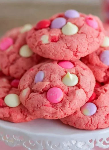 Cozy strawberry white chocolate cookies on a cooling rack.