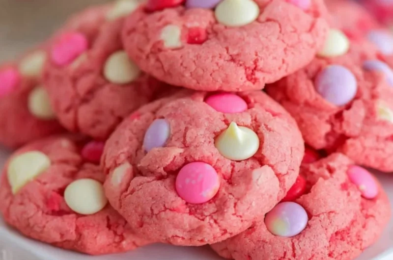 Cozy strawberry white chocolate cookies on a cooling rack.