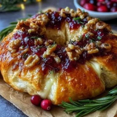 Cranberry Brie Crescent Ring with melted cheese and cranberry sauce