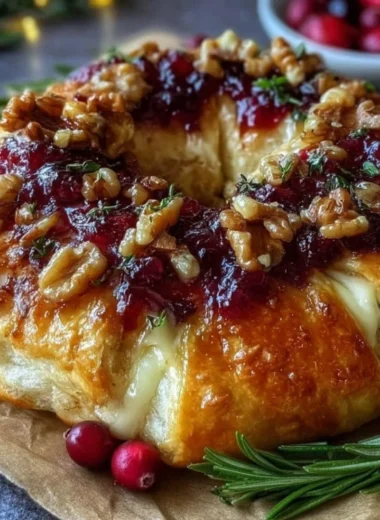 Cranberry Brie Crescent Ring with melted cheese and cranberry sauce