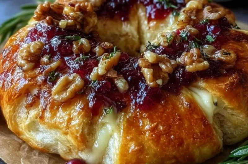Cranberry Brie Crescent Ring with melted cheese and cranberry sauce