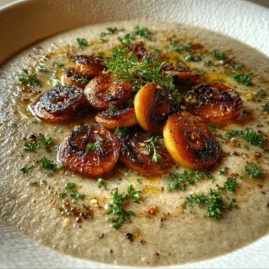 Bowl of delicious cream of mushroom soup garnished with fresh herbs