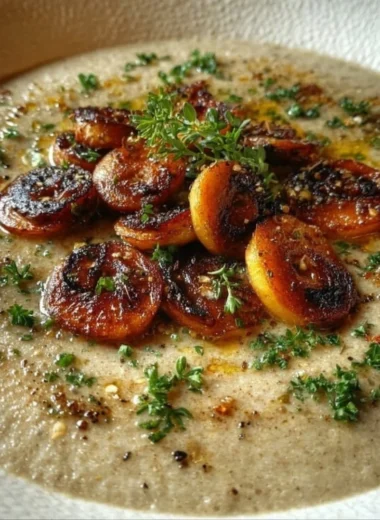 Bowl of delicious cream of mushroom soup garnished with fresh herbs