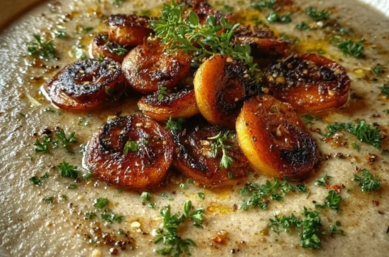 Bowl of delicious cream of mushroom soup garnished with fresh herbs