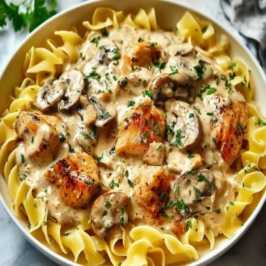 Delicious creamy chicken stroganoff served on a plate