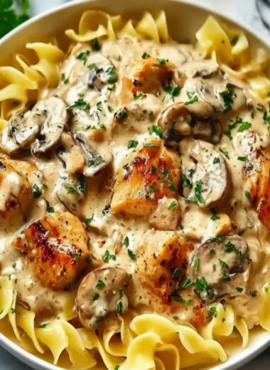 Delicious creamy chicken stroganoff served on a plate