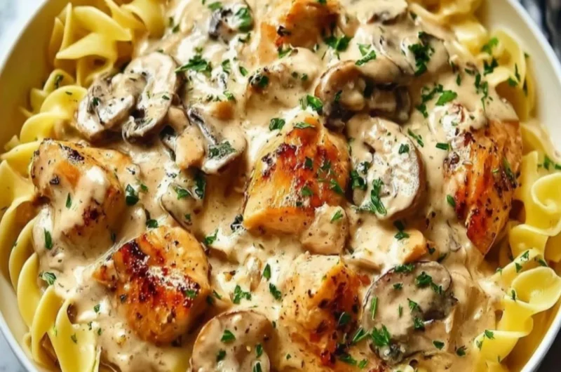 Delicious creamy chicken stroganoff served on a plate