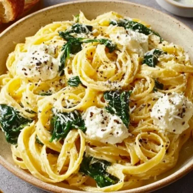 Creamy lemon ricotta pasta with fresh herbs and grated cheese on top.