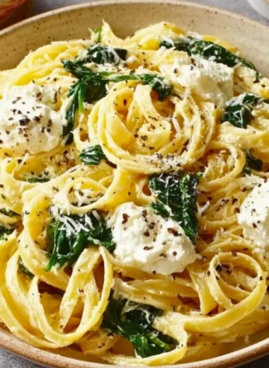 Creamy lemon ricotta pasta with fresh herbs and grated cheese on top.