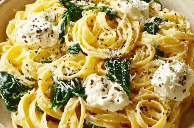 Creamy lemon ricotta pasta with fresh herbs and grated cheese on top.