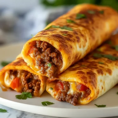 Crispy cheesy beef chimichangas served on a plate with toppings.
