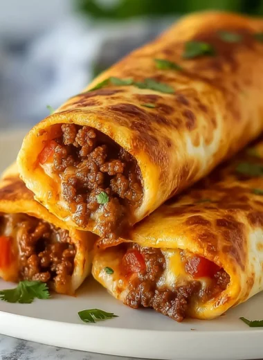 Crispy cheesy beef chimichangas served on a plate with toppings.