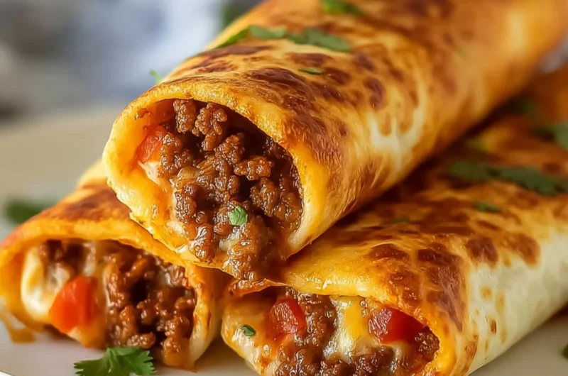 Crispy cheesy beef chimichangas served on a plate with toppings.