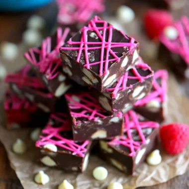 Delicious dark chocolate raspberry fudge cut into squares