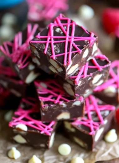 Delicious dark chocolate raspberry fudge cut into squares