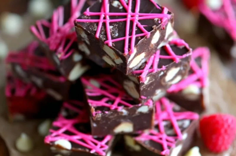 Delicious dark chocolate raspberry fudge cut into squares