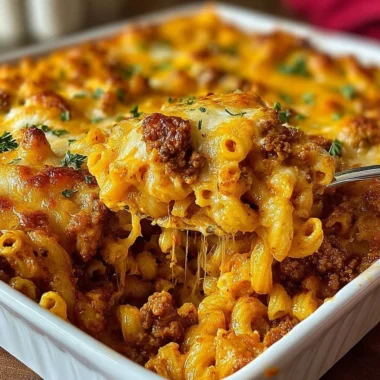 Cheeseburger pasta casserole topped with melted cheese and herbs