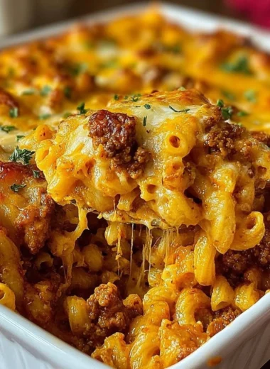 Cheeseburger pasta casserole topped with melted cheese and herbs