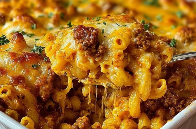 Cheeseburger pasta casserole topped with melted cheese and herbs