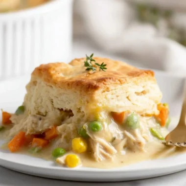 Delicious easy chicken pot pie cobbler ready to serve with a golden crust.