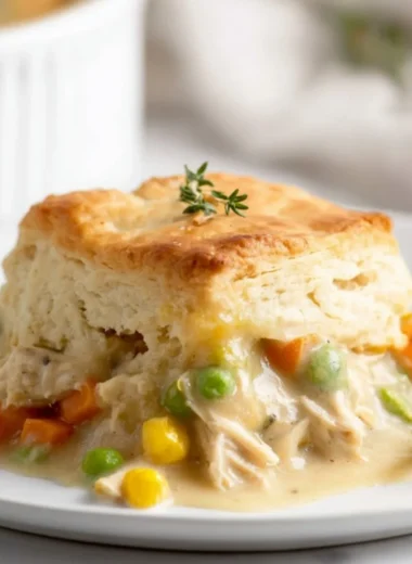 Delicious easy chicken pot pie cobbler ready to serve with a golden crust.