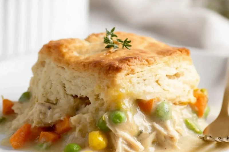 Delicious easy chicken pot pie cobbler ready to serve with a golden crust.
