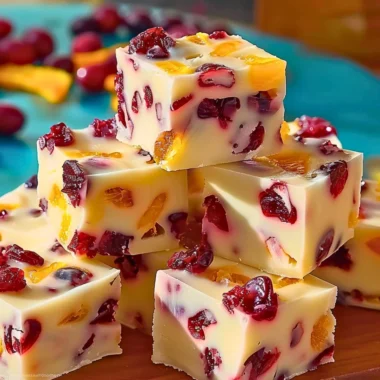 A plate of easy cranberry orange fudge topped with dried cranberries and orange zest.
