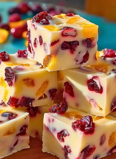 A plate of easy cranberry orange fudge topped with dried cranberries and orange zest.