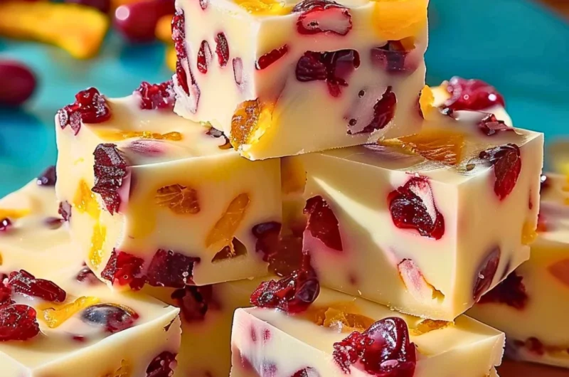 A plate of easy cranberry orange fudge topped with dried cranberries and orange zest.